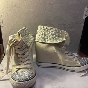 Goldluxe Women's Cream Wedge High-Top Sneakers with Rhinestone Accents